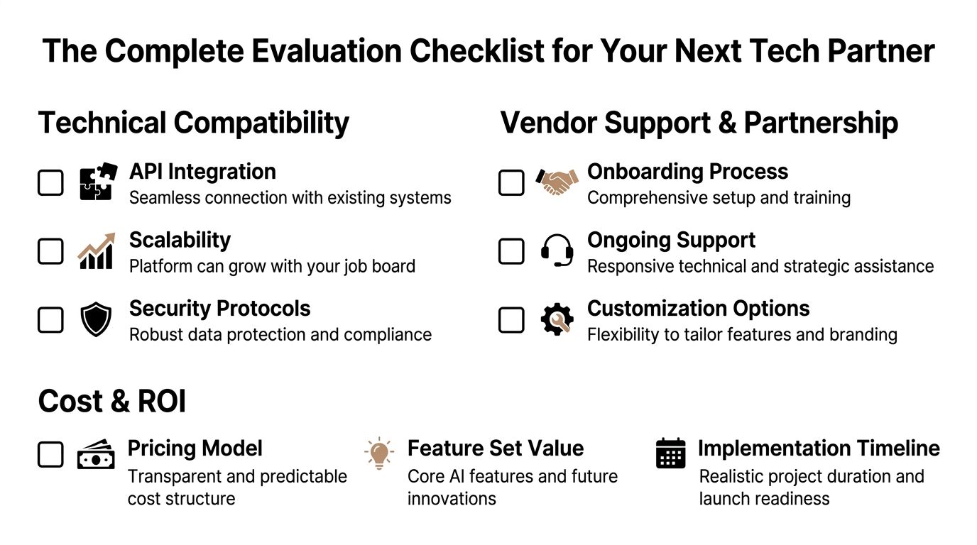 A checklist titled The Complete Evaluation Checklist for Your Next Tech Partner highlighting key selection criteria.
