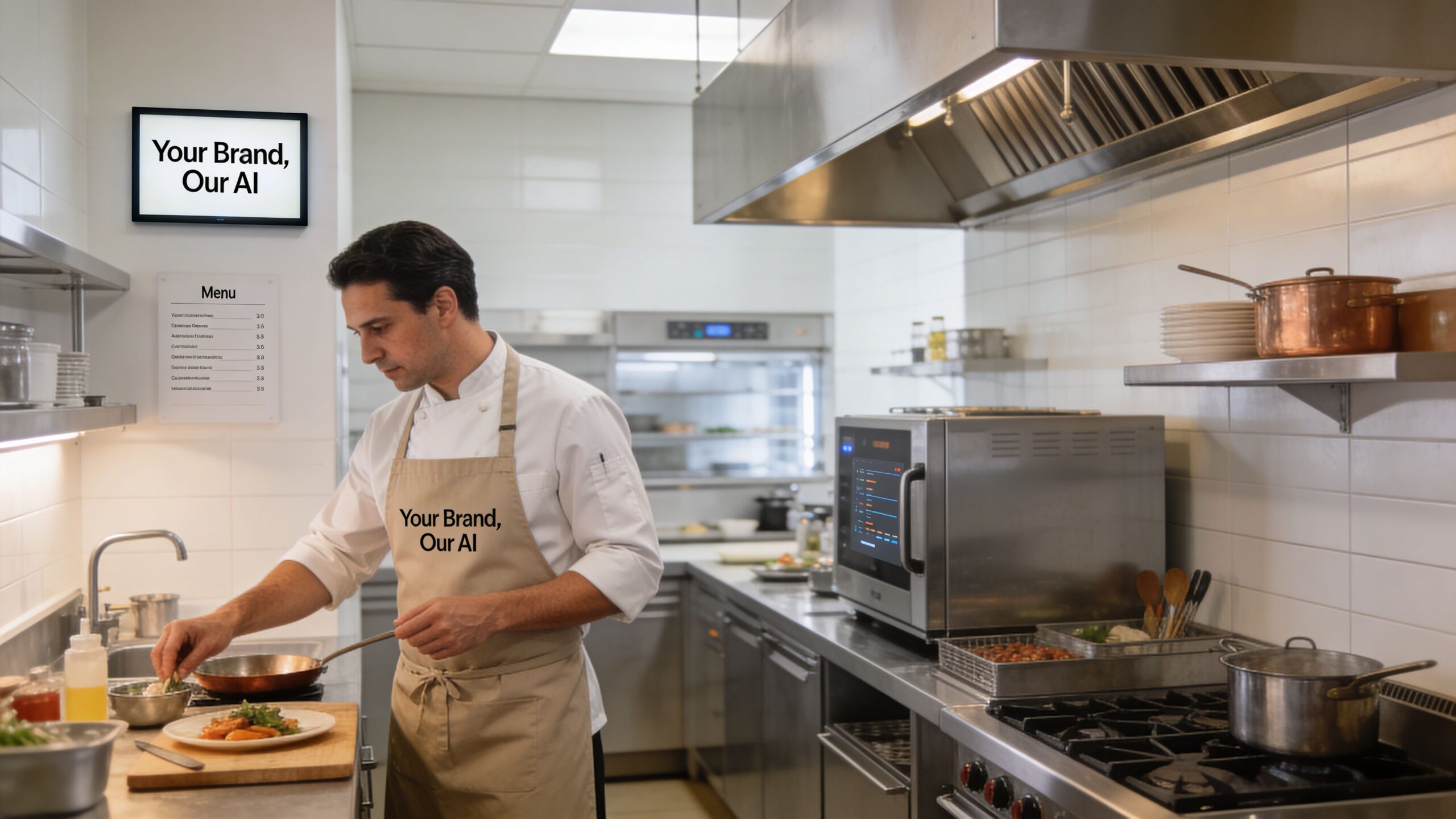 A professional chef preparing a gourmet meal in a clean commercial kitchen with digital displays present.