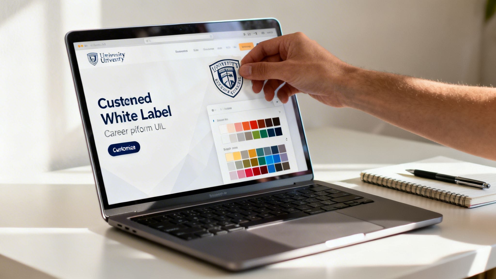 Hand applying a university logo onto a laptop screen displaying a white label career platform.