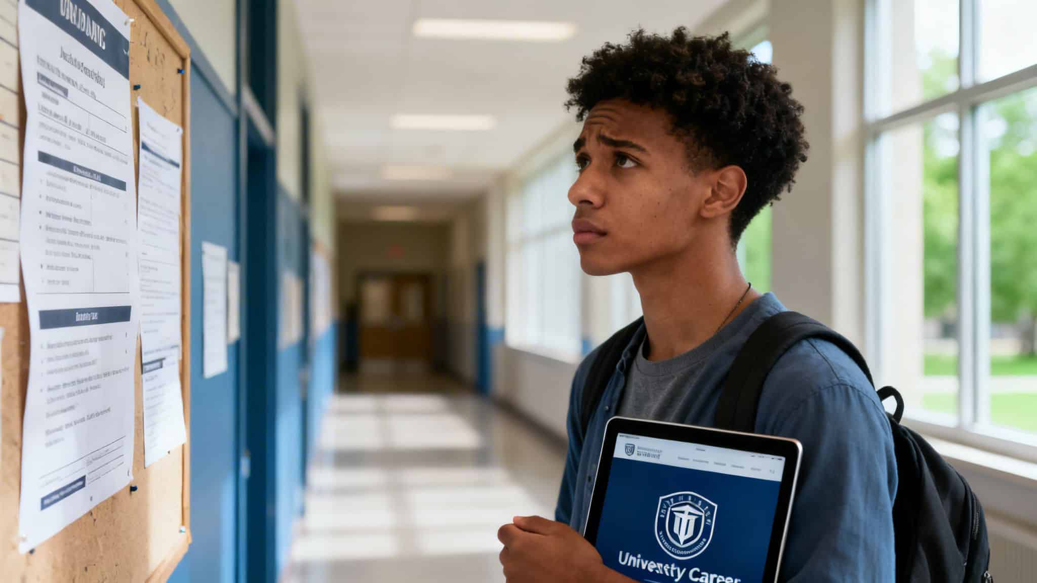 A male student in a university hallway, holding a tablet with a career platform, looking at a bulletin board.