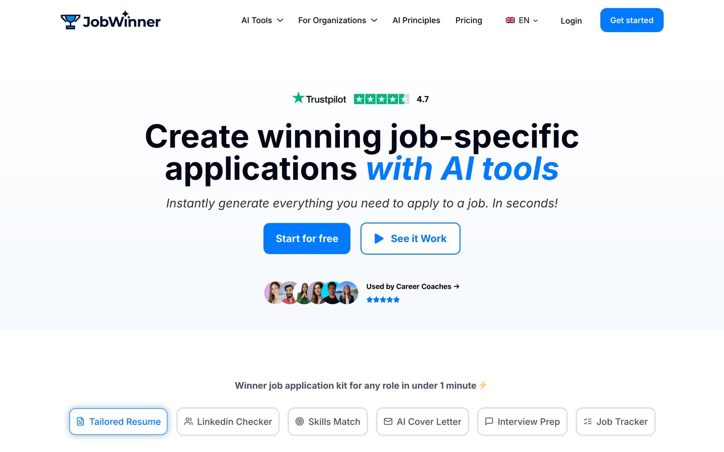 Página principal de JobWinner (jobwinner.ai)